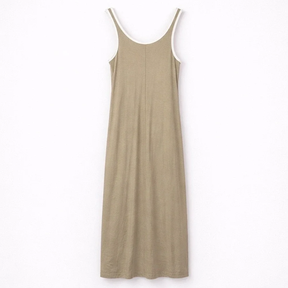 A New Day Womens XS Tan Cream Ribbed Ringer Maxi Dress Sleeveless Scoop Neck NEW